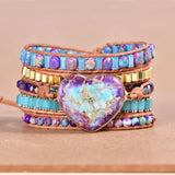 Boho Leather Wrap Bracelet Heart Jasper Women's