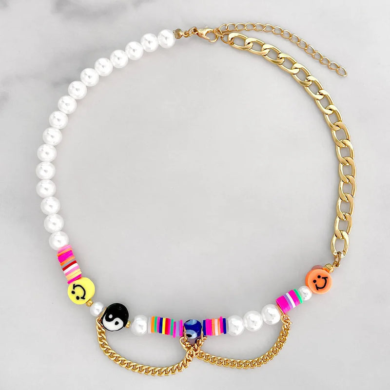 BOHO Rainbow Smile Pearl Beads Chain Choker Evil Eye Butterfly Charm
