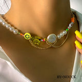 BOHO Rainbow Smile Pearl Beads Chain Choker Evil Eye Butterfly Charm