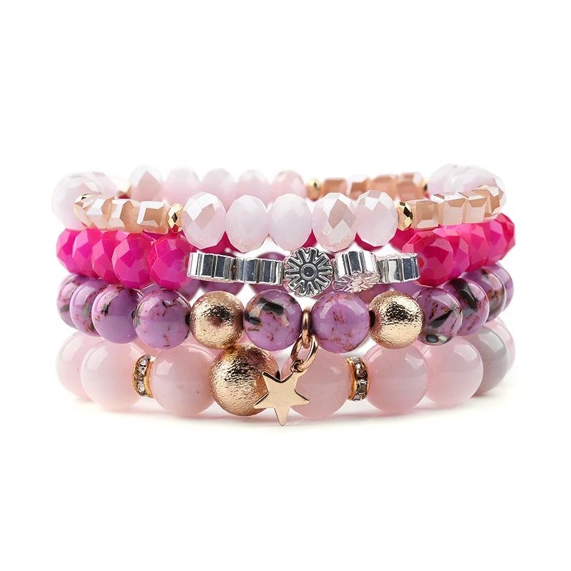 BOJIU 4 Pcs Natural Stone Crystal Bracelets Elastic Beads BCSET254