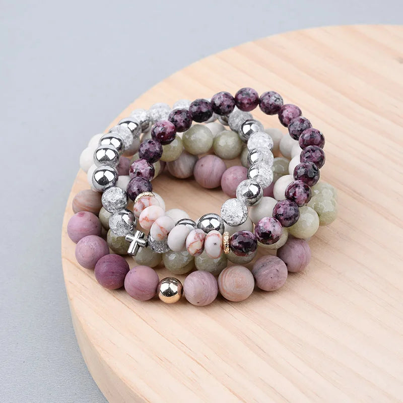 BOJIU 5 Pcs Natural Stone Bead Bracelet Set for Women Classic Boho Jewelry