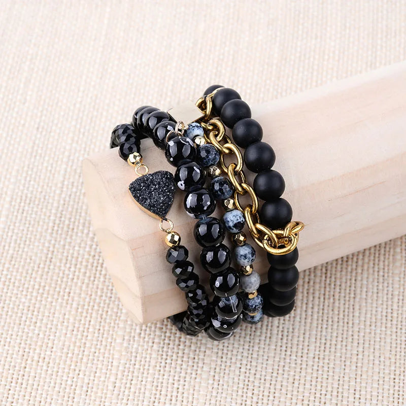 BOJIU Heart Druzy Bracelet | Stone Crystal Beaded Charm Bracelet Set