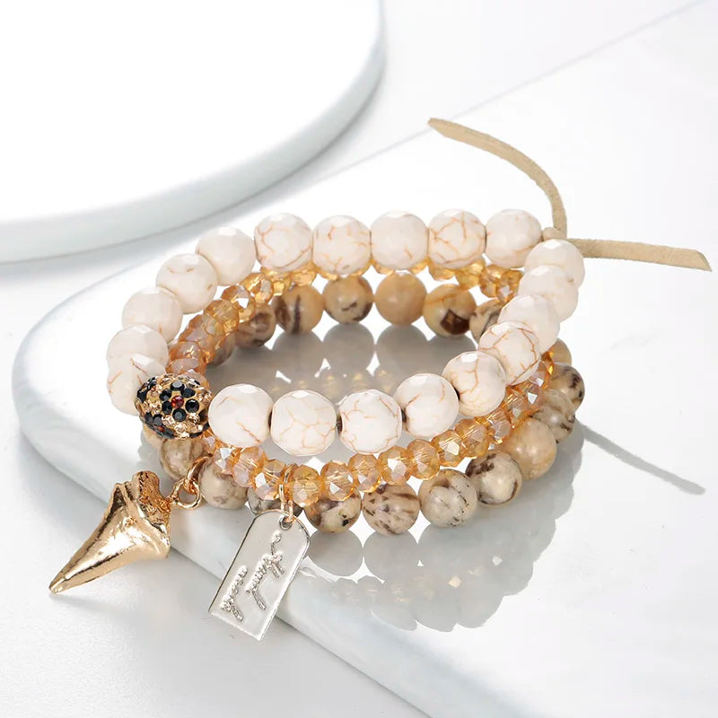 BOJIU Bohemian Charm Bracelet Set Brown Crystal Natural Stone Bracelet