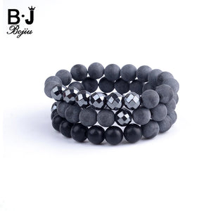 BOJIU Matte Grey Ag. Stone Elastic 10mm Bead Bracelet BC129