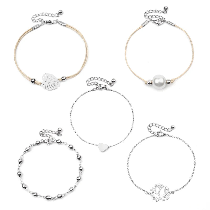 BOJIU Braided Rope Bracelets Set Women Heart Flower Leaf Pearl Charm Bracelet