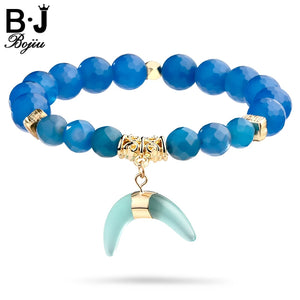 BOJIU Glass Bead Bracelet With Horn Pendent for Women