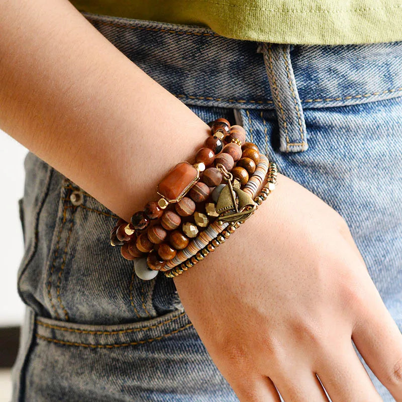 Vintage Ag. Stone Charm Bracelet Multilayer Beads Bracelets