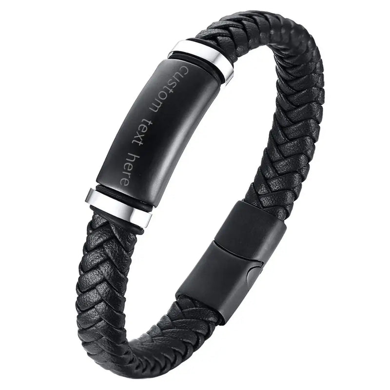 Personalized Engraved Men's Leather Bracelet with Magnetic Buckle