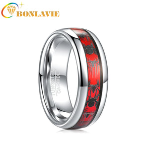 8mm Tungsten Carbide Steel Ring Red Opal Spider Motif Men's Wedding Band