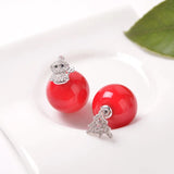 S925 Silver Red Pearl Earrings Christmas Snowman Zircon Red Earrings