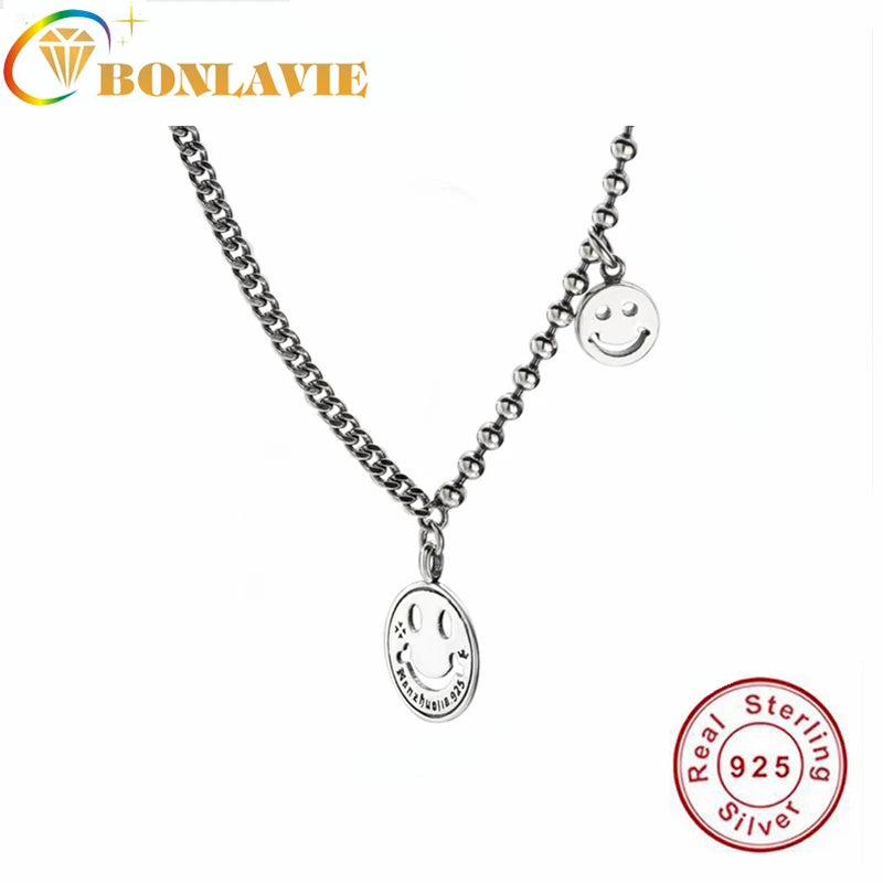S925 Silver Smiling Face Necklace Tank chain Pendant Gift for Girl