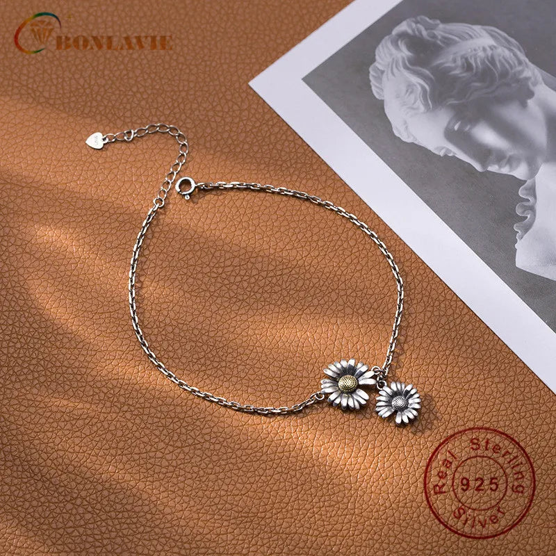 Sterling Silver Daisy Chains Anklet Retro Style Fine Jewelry