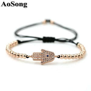 4mm Copper Beads Hamsa Hand Lucky Bracelet Evil Eye Braiding Macrame