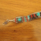 Nepal Copper Inlaid Red Coral Turquoises Beads Woman Cuff Bracelet