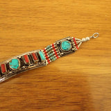 Nepal Copper Inlaid Red Coral Turquoises Beads Woman Cuff Bracelet