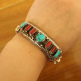 Nepal Copper Inlaid Red Coral Turquoises Beads Woman Cuff Bracelet