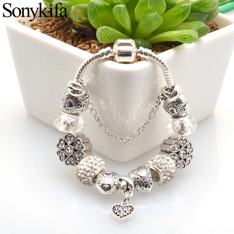 Ancient Silver-Plated Ladies Bracelet DIY Heart Pendant Gift