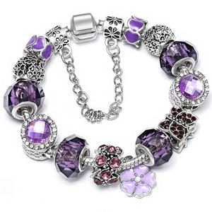 Purple Charm Bracelet with Purple Crystal Beads and Butterfly Pendant