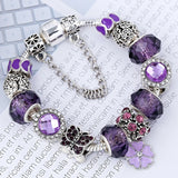 Purple Charm Bracelet with Purple Crystal Beads and Butterfly Pendant