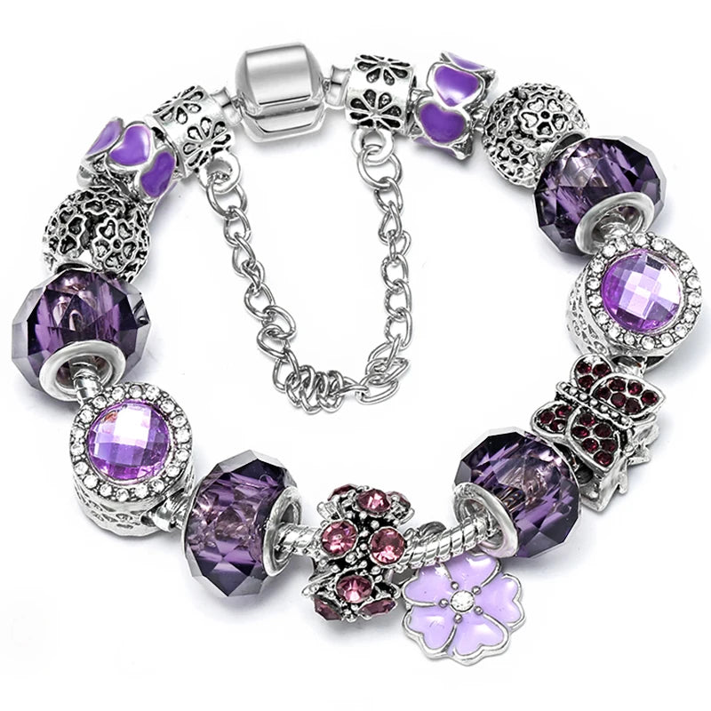Purple Charm Bracelet with Purple Crystal Beads and Butterfly Pendant