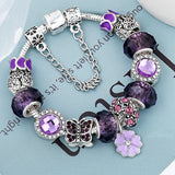 Purple Charm Bracelet with Purple Crystal Beads and Butterfly Pendant