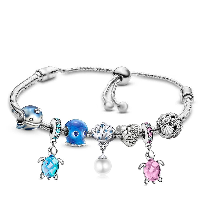 Crystal Sea Turtles Seashell Octopus Beaded Pendant Bracelet