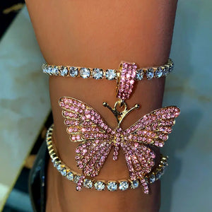 BYNOUCK Rhinestone Tennis Anklet with Butterfly Charms