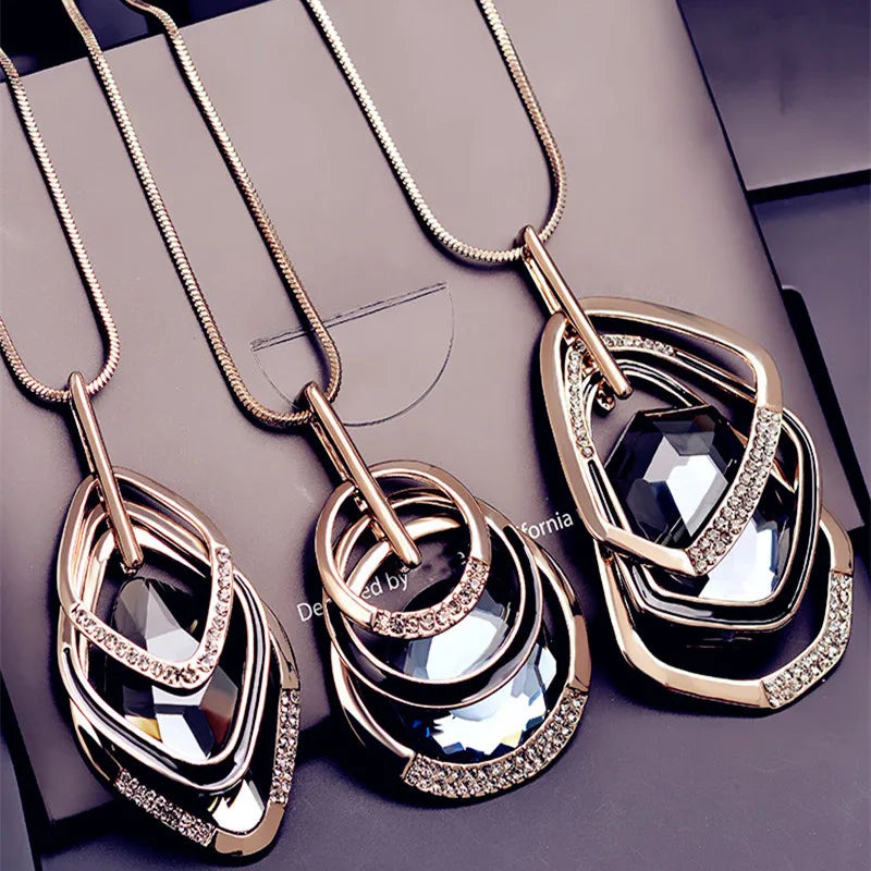 Vintage Rhinestone Long Necklace Crystal Glass Pendant Necklaces Women Jewelry