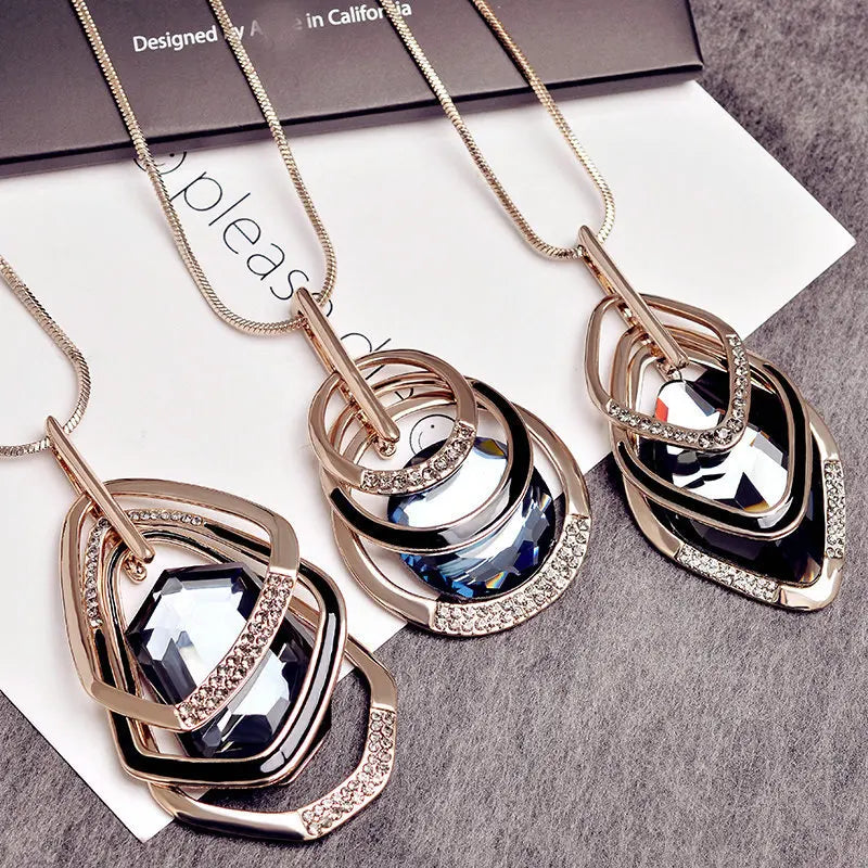 Vintage Rhinestone Long Necklace Crystal Glass Pendant Necklaces Women Jewelry