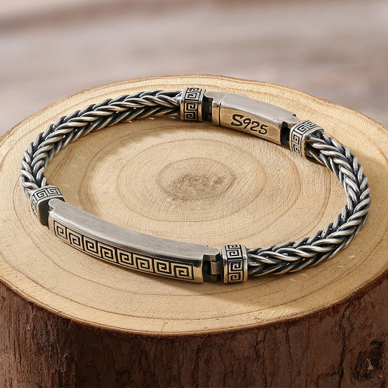 Retro Chinese Style Silver Bracelet with Hemp Rope Design
