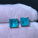 Sterling Silver Emerald Paraiba Stud Earrings Vintage Square Gemstone