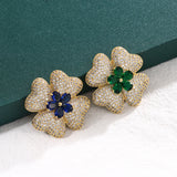 Blue/Green Glass Flower Brooch Pin with Zircon Detailing