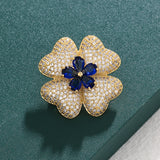 Blue/Green Glass Flower Brooch Pin with Zircon Detailing