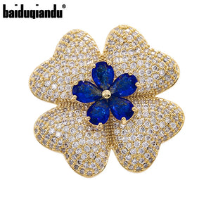 Blue/Green Glass Flower Brooch Pin with Zircon Detailing