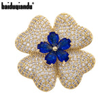 Blue/Green Glass Flower Brooch Pin with Zircon Detailing