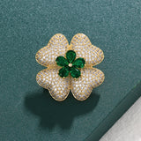 Blue/Green Glass Flower Brooch Pin with Zircon Detailing