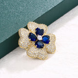 BQD 2-Layer 4 Leaf Plant Brooch Pins Green/Blue/Gold/White Flower Brooch
