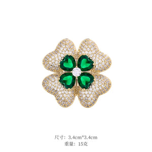 BQD 2-Layer 4 Leaf Plant Brooch Pins Green/Blue/Gold/White Flower Brooch