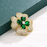 BQD 2-Layer 4 Leaf Plant Brooch Pins Green/Blue/Gold/White Flower Brooch