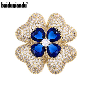 BQD 2-Layer 4 Leaf Plant Brooch Pins Green/Blue/Gold/White Flower Brooch