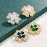 BQD 2-Layer 4 Leaf Plant Brooch Pins Green/Blue/Gold/White Flower Brooch