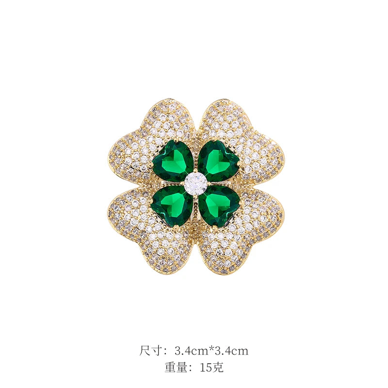 BQD 2-Layer 4 Leaf Plant Brooch Pins Green/Blue/Gold/White Flower Brooch