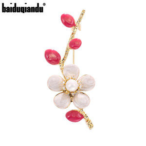 Cubic Zircon Winter Plum Flowers Brooches Gold/White Enamel Plant Brooches