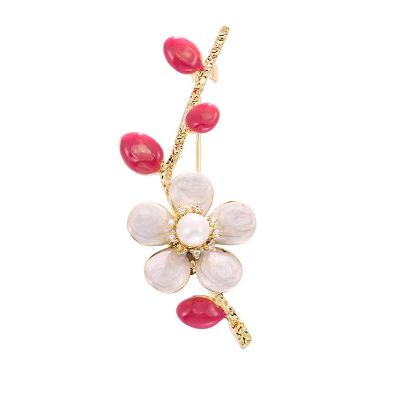 Cubic Zircon Winter Plum Flowers Brooches Gold/White Enamel Plant Brooches