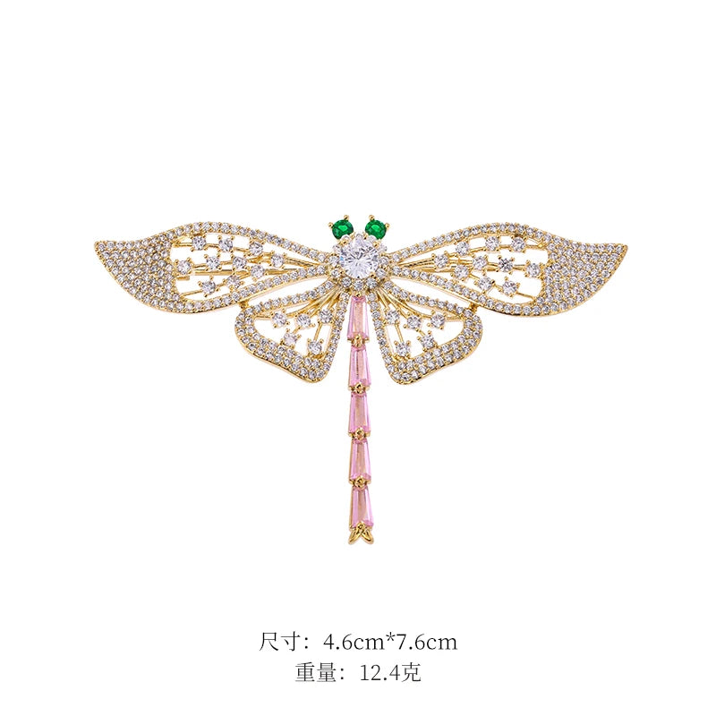 CZ Flying Dragonfly Brooch Green/Pink/White/Gold Insect Animal