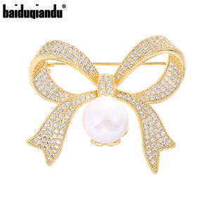 Baiduqiandu Women Bow Brooches with Pearl White Cubic Zircon