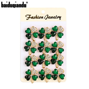 12 Crystal Green Leaf Brooch Lapel Pins Clothing Hijab Jewelry
