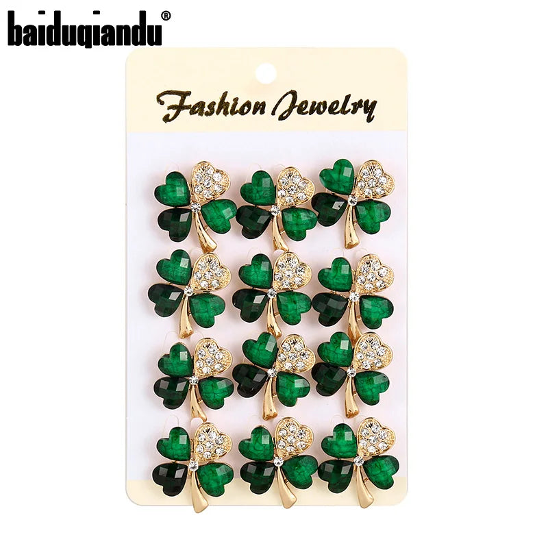 12 Crystal Green Leaf Brooch Lapel Pins Clothing Hijab Jewelry