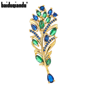 Colorful Feather Brooch CZ Leaf Plant Pin