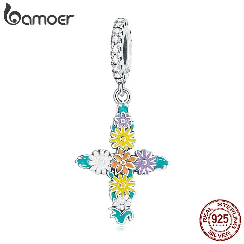 925 Sterling Zircon Flower Cross Pendant for Bracelets